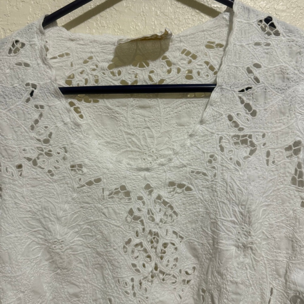 Hibis Women White Eyelet Lace Floral Embroidery Tunic V-Neck 3/4 Sleeve Top - Picture 2 of 11